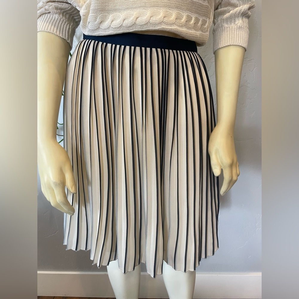 New J. Crew Cream pleated Circle Skirt with  navy Vertical Stripes SZ 4